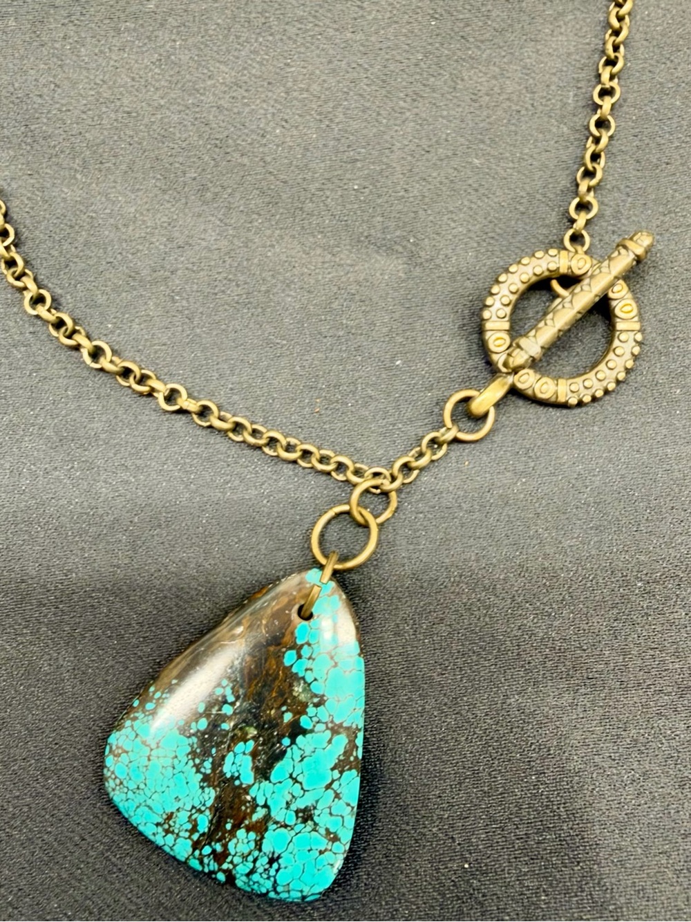 NEW—Handmade Turquoise Matrix Pendant Necklace - Antique Gold Tone Chain